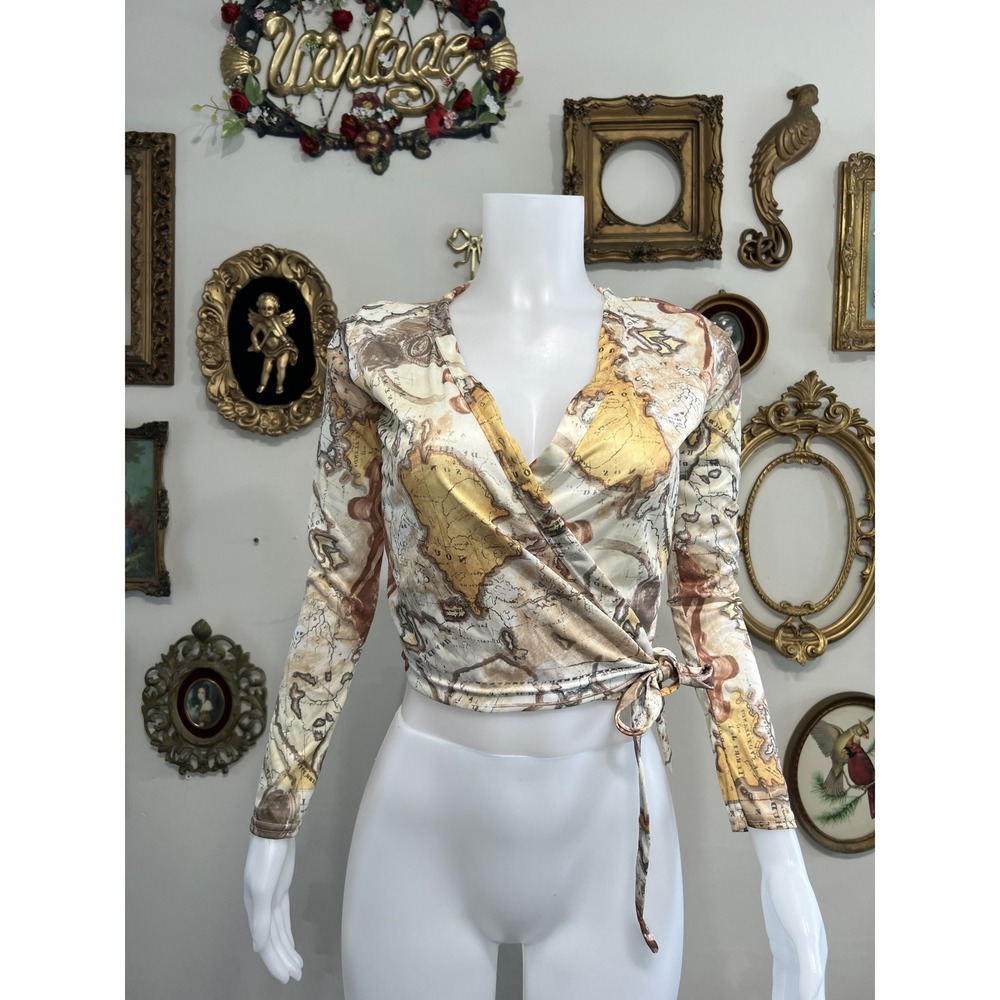 Vintage Cheryl Creations Map Print Long Sleeve Wrap Crop Top Size L